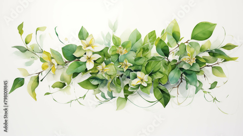 Watercolor painting of green flowers on a white background.