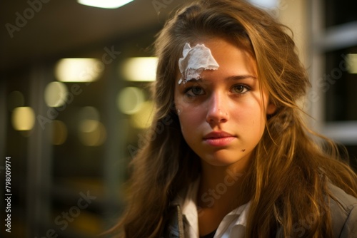 b'Portrait of a Teenage Girl with a Bandage on Her Forehead'