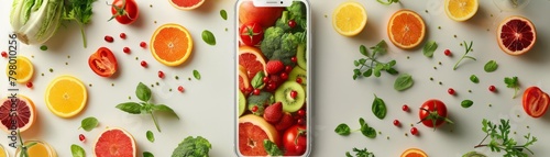 Dynamic 3D illustration of a nutrition app interface displaying colorful, healthy foods, such as fruits, vegetables, and grains, floating around a digital device