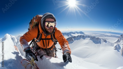 b'Mountaineer climbing snow mountain'