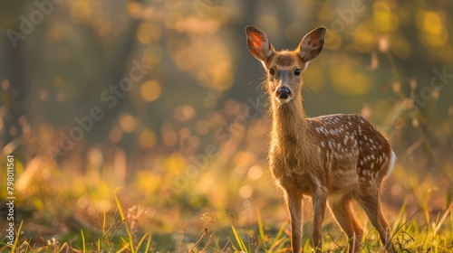 b'A young deer standing in a field of grass'