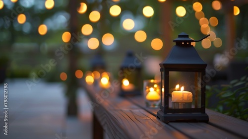 Small lanterns filled with flickering candles line the perimeter of the patio adding a touch of romance to the intimate gathering. 2d flat cartoon.