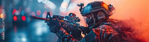 A soldier in full tactical gear is aiming his rifle down a city street. The background is out of focus and there are red and blue lights in the distance.