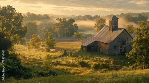 Golden sunlight bathes a serene farm with grazing sheep, enveloped in morning mist, showcasing rural tranquility.
