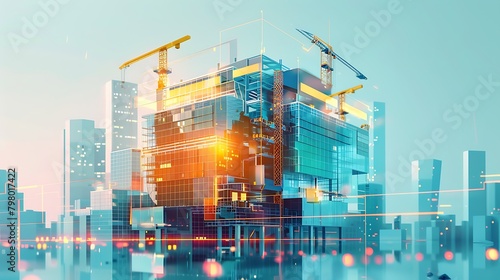 The image is a 3D rendering of a construction site. A skyscraper is being built, and there are several cranes on site.
