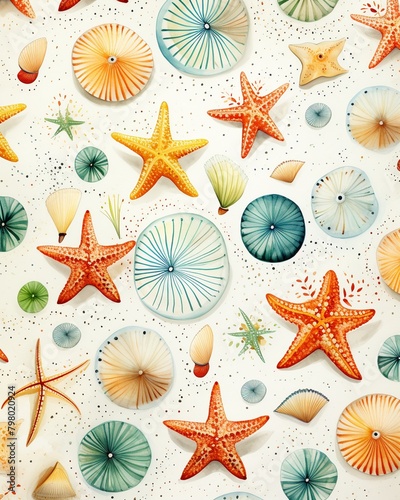Beachcombers delight, seamless shell and starfish pattern, handdrawn for paper , childlike drawing