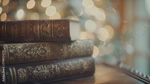 Softly defocused background of closed books adorned with delicate ornate designs that create a dreamy bokeh effect. The faded motifs add a sense of history and intrigue to the imagery. .