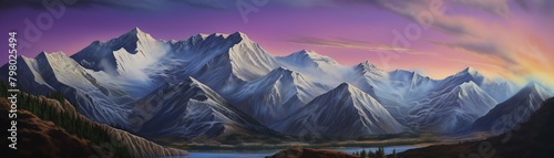 A beautiful painting of a mountain landscape with a lake in the foreground and a pink sky.