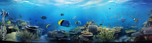 A beautiful painting of a coral reef with many colorful fish swimming around.