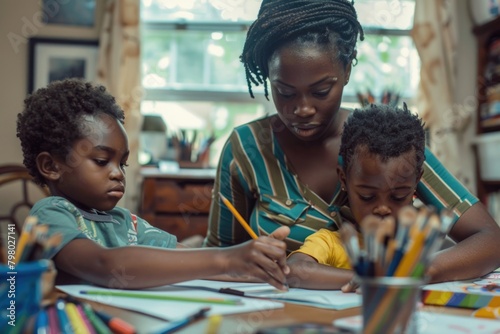 At Home With Kids. Black Mother Balancing Business, Homework, and Motherhood