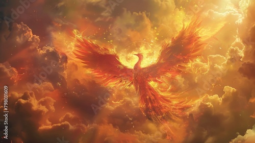 A mythical phoenix with vibrant crimson and gold feathers soars through the clouds with its wings spread wide. The sky is set ablaze . .