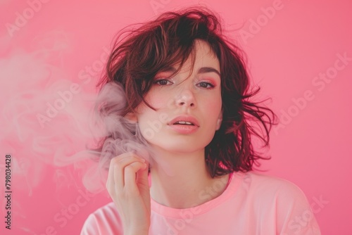 A woman in a pink shirt smoking a cigarette. Suitable for lifestyle or addiction concepts