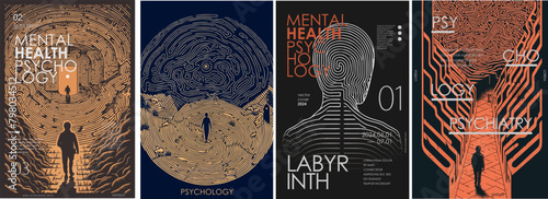 Psychology, psychiatry and mental health. Vector philosophic line illustration of man, searching for the meaning of life, labyrinth, fingerprint and life path for poster, magazine cover and background