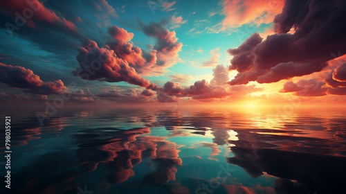 Colorful sunset over the sea. Clouds and reflections from the ocean.