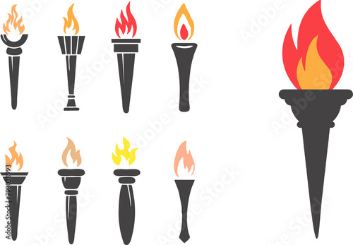 Set of traditional ancient Greek torch icons on transparent background. Greece runner, Sport flame. Symbol of light and enlightenment. Easy to reuse in designing poster, banner or flyer about sports. 