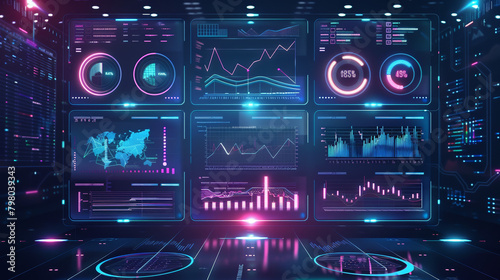 Futuristic dashboard of business analytics tools, system work with data, analytical processing, intellectual analysis of financial statistics, vector illustration
