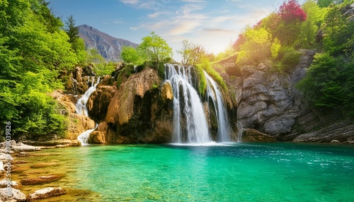 A majestic waterfall cascading down a rocky cliff into a crystal-clear pool