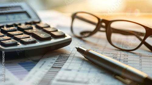 Close-up Pen Calculator And Reading Glasses On Financial Report - Business Accounting Concept