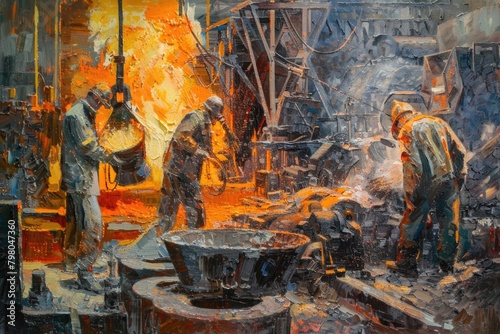 A painting of men working in a factory. Suitable for industrial concepts