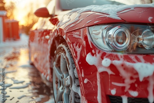 Professional red car wash with shampoo foam and water splashes, auto detailing service