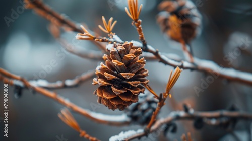 Close up photo of a pine cone on a branch in winter, in the style of macro photography
