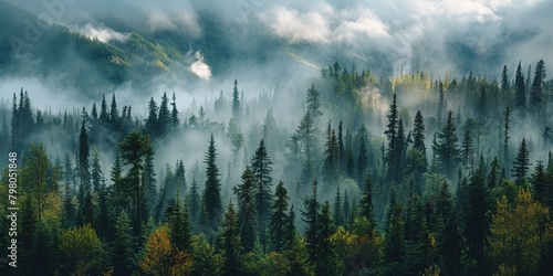 Breathtaking landscape of a foggy fir forest