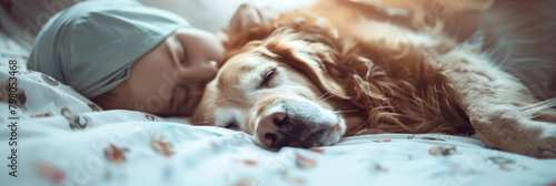 A person and a golden retriever enjoy a peaceful nap, bathed in the gentle warmth of morning sunlight filtering into a cozy room