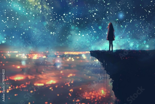A person standing on a cliff looking at the stars. Suitable for outdoor and adventure themes