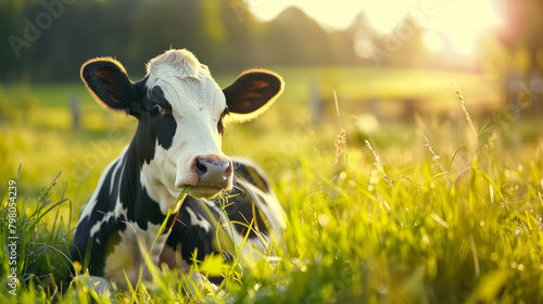 tranquil cow in a field at sunset, evoking peaceful farm life