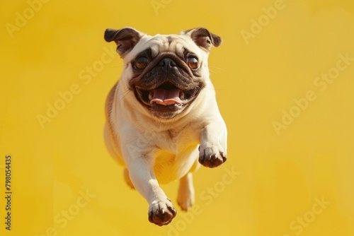A pug dog soaring through the air, suitable for pet-related designs