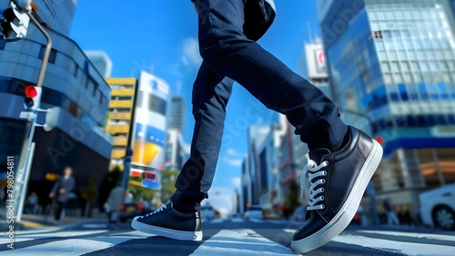 Man in dark trousers and leather sneakers crosses busy city street. Concept Urban Street Style, Men's Fashion, City Life, Crossing Roads, Busy Intersection