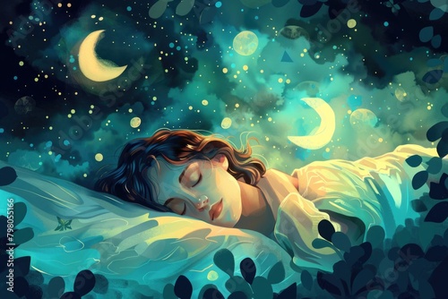 Peaceful image of a sleeping child with a dreamy night sky backdrop. Ideal for bedtime stories or children's products