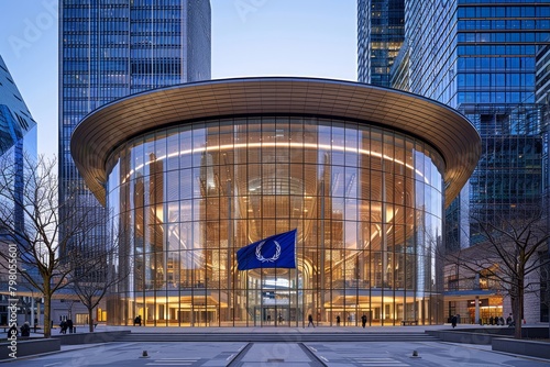 Modern municipal office building with curved glass fa?ade and un flag in sunny urban setting