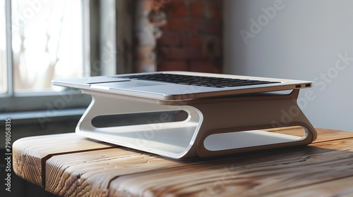 Adjustable Laptop Stand An adjustable laptop stand with a sleek design, elevating a laptop to eye level to promote better posture and airflow, ideal for remote work or studying at home.