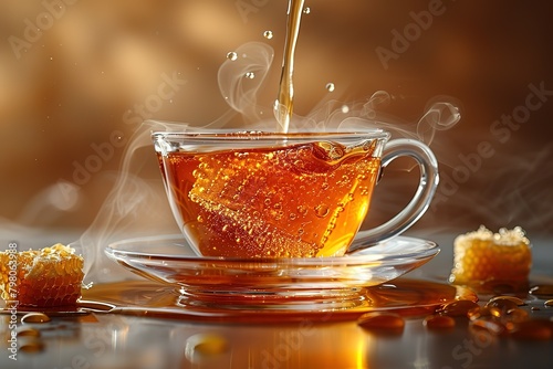 A glass cup of honey tea, pouring down from the top with a light brown background