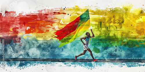 Ethiopian Flag with a Coffee Ceremony Host and a Marathon Runner - Picture the Ethiopian flag with a coffee ceremony host representing Ethiopia's coffee culture and a marathon runner
