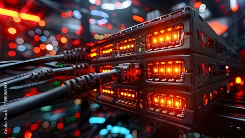 Closeup of network switch with ethernet cables and blinking lights in data center. Concept Data Center Technology, Network Switches, Ethernet Cables, Blinking Lights, Closeup Photography