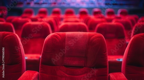 Blurred rows of comfortable cinema seats inviting viewers to take a break from reality and get lost in the world of film. .
