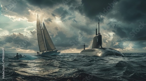The ocean plays the stage to an unlikely encounter, where a humble yacht and an enormous submarine cross paths.