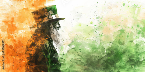 Irish Flag with a Leprechaun and a Pub Owner - Picture the Irish flag with a leprechaun representing Irish folklore and a pub owner 