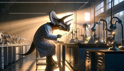 A triceratops wearing a lab coat is working in a laboratory.