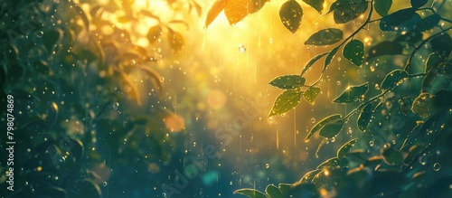 Leaf with morning dew sparkles in golden sunlight, magical sunset in the forest. Fantasy woodland background.