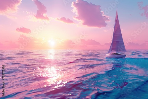 A sailboat sailing in the middle of the ocean at sunset. Ideal for travel and adventure concepts