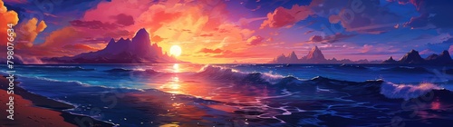 Sunset or sunrise in ocean, sky ablaze with vivid clouds over tranquil sea, nature landscape background, pink clouds flying in sky. Evening or morning sea view