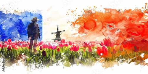 Dutch Flag with a Windmill Operator and a Tulip Farmer - Visualize the Dutch flag with a windmill operator representing Dutch engineering and a tulip farmer