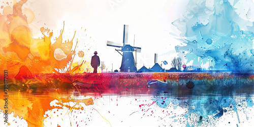 Dutch Flag with a Windmill Operator and a Tulip Farmer - Visualize the Dutch flag with a windmill operator representing Dutch engineering and a tulip farmer