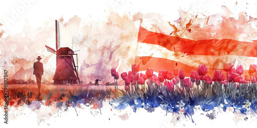 Dutch Flag with a Windmill Operator and a Tulip Farmer - Visualize the Dutch flag with a windmill operator representing Dutch engineering and a tulip farmer