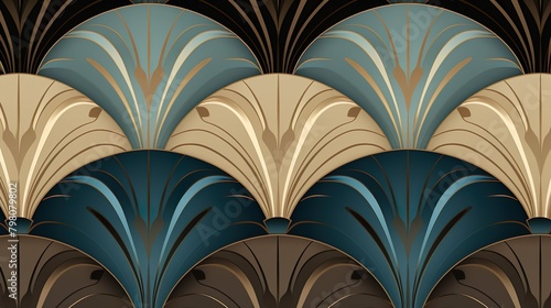 Stylish Art Deco design with graceful peacock feather patterns in earthy and metallic shades for a luxurious feel