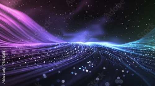 Purple, green and blue space waves and stars on the dark background.