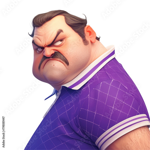 A grumpy middle aged cartoon character sporting a purple waffle shirt is shown in profile clearly frustrated as he passionately defends his viewpoint The scene unfolds against a clean white 